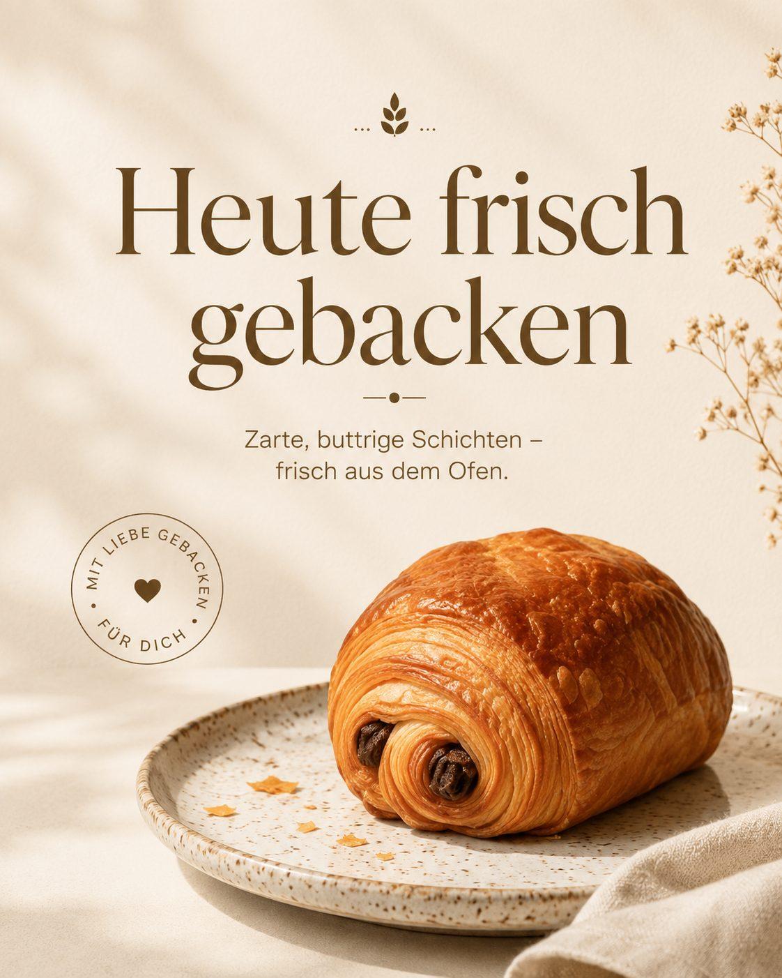 Heute frisch gebackenes Schokoladen-Croissant auf Teller
