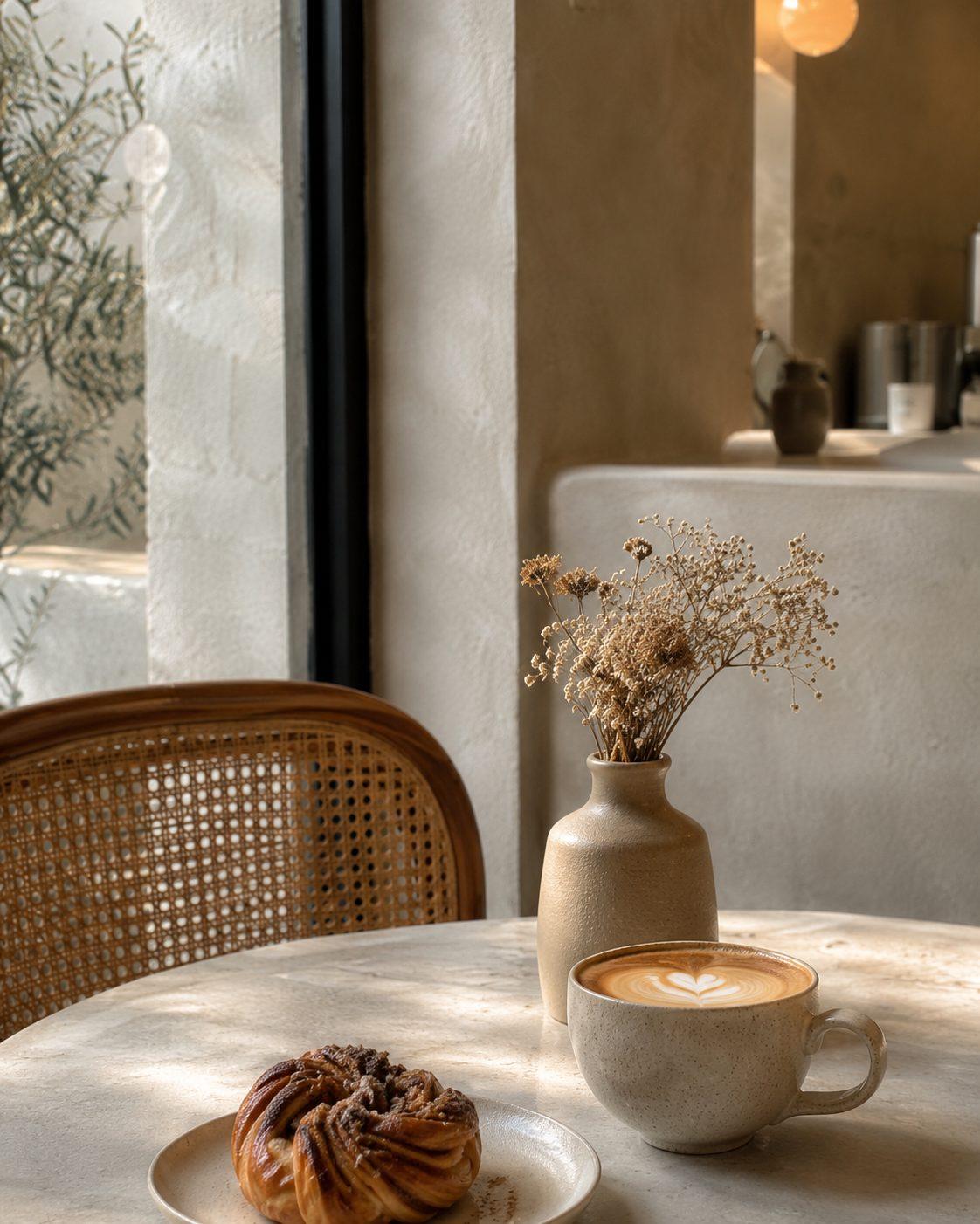 Gedeckter Tisch im Honig und Zimt Café mit Kaffee, Gebäck und getrockneten Blumen