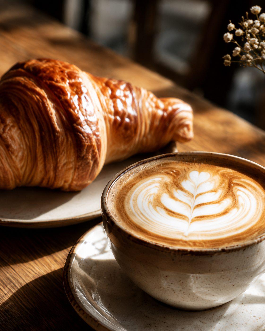 Latte Art neben einem Croissant im Sonnenlicht