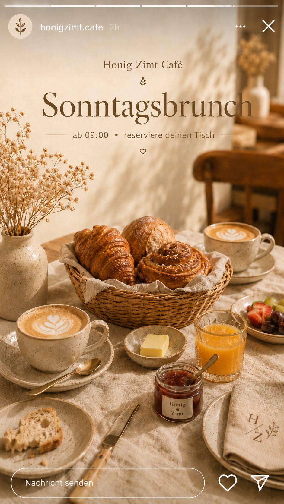 Gedeckter Brunchtisch mit Gebäckkorb, Kaffee und Saft