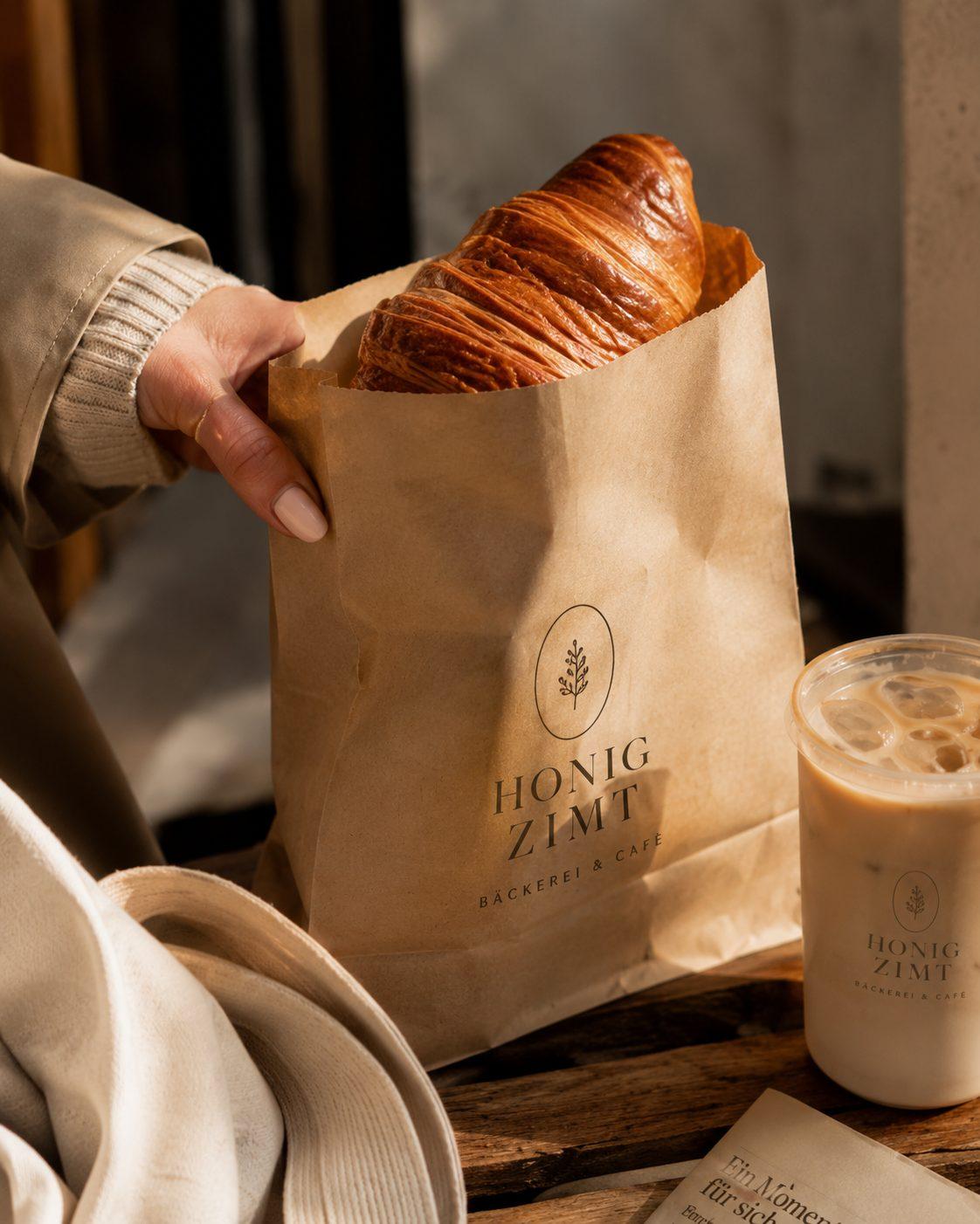 Croissant in Papiertüte mit Honig & Zimt Logo