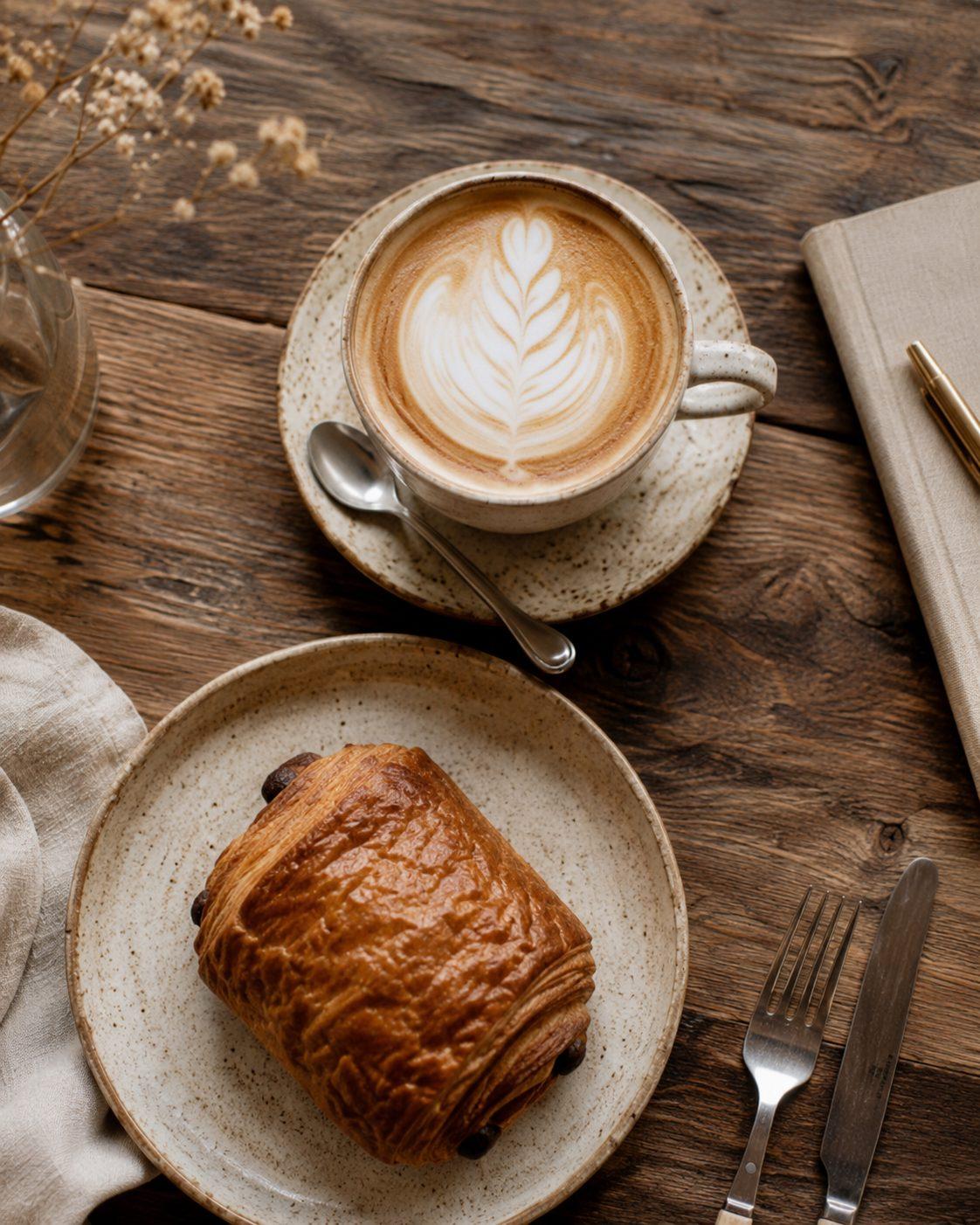 Kaffee, Gebäck und Notizbuch von oben fotografiert